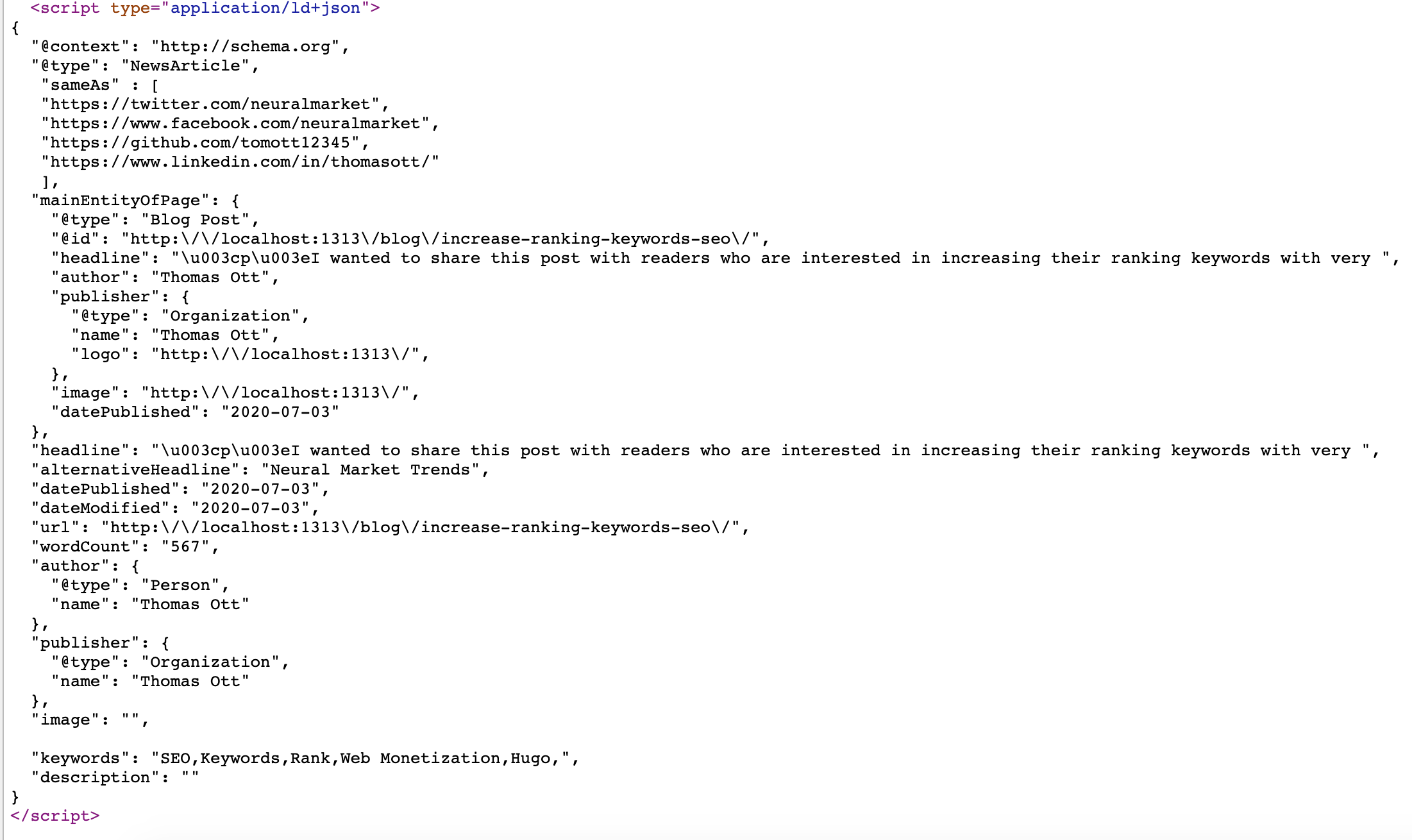 JSON LD shot of my HTML code